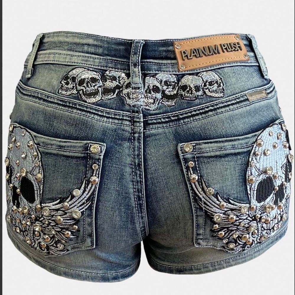 Blue and Silver Jean Shorts with Ornate Embellishments
